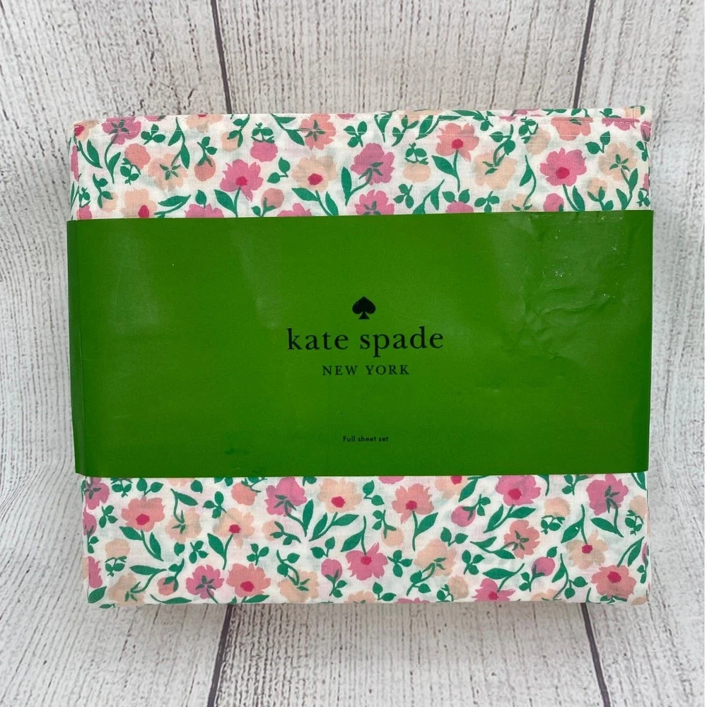 Kate Spade Floral Sheet Set Full White Pink Cotton Percale Garden Cottage